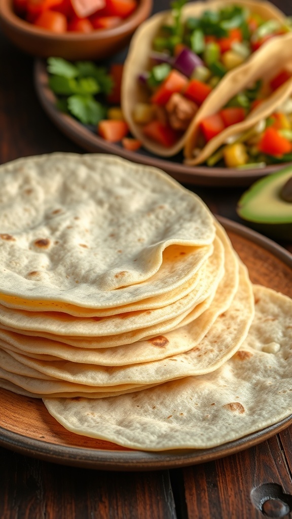 A stack of warm homemade tortillas on a rustic wooden table with taco fillings.